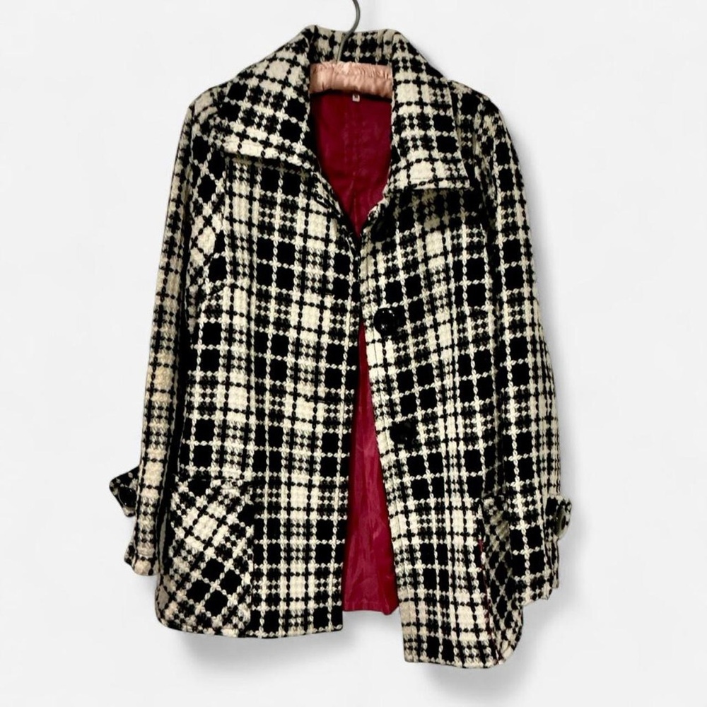 Sashimi Black & White Plaid Wool Blend Coat Lined Button Up Jacket Medium